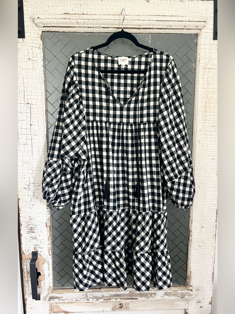 Hayden Black and White Gingham Tiered V-Neck Midi Dress